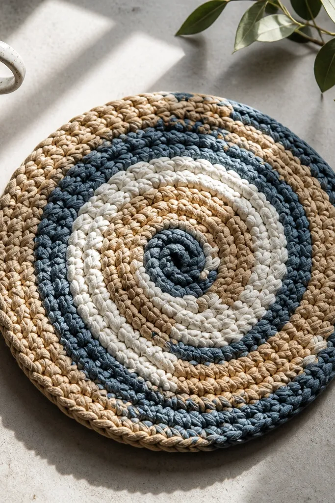Spiral textured round trivet with thick crocheted coils