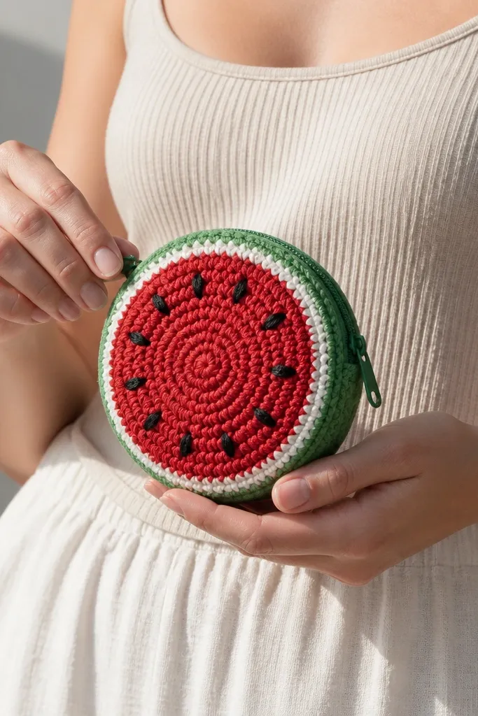 Small round watermelon crochet pouch with a zipper and seed specks