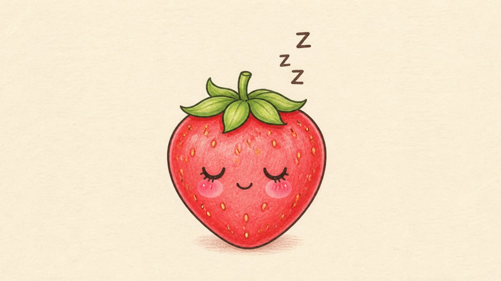 A cute strawberry with closed sleeping eyes and little sleep symbols