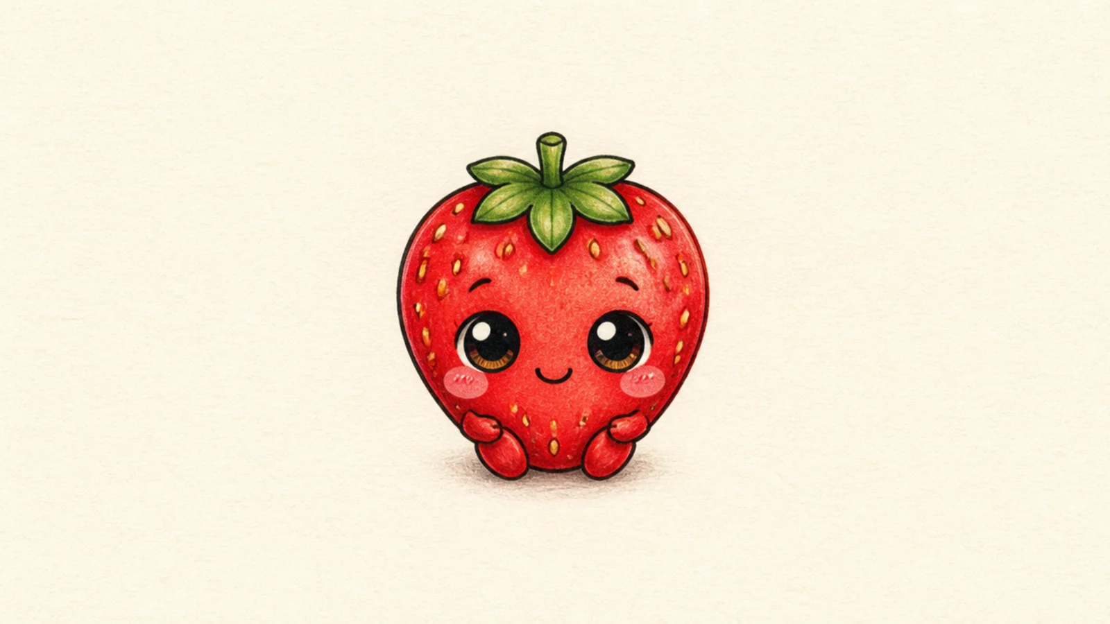 A tiny baby strawberry with an oversized big-eyed face