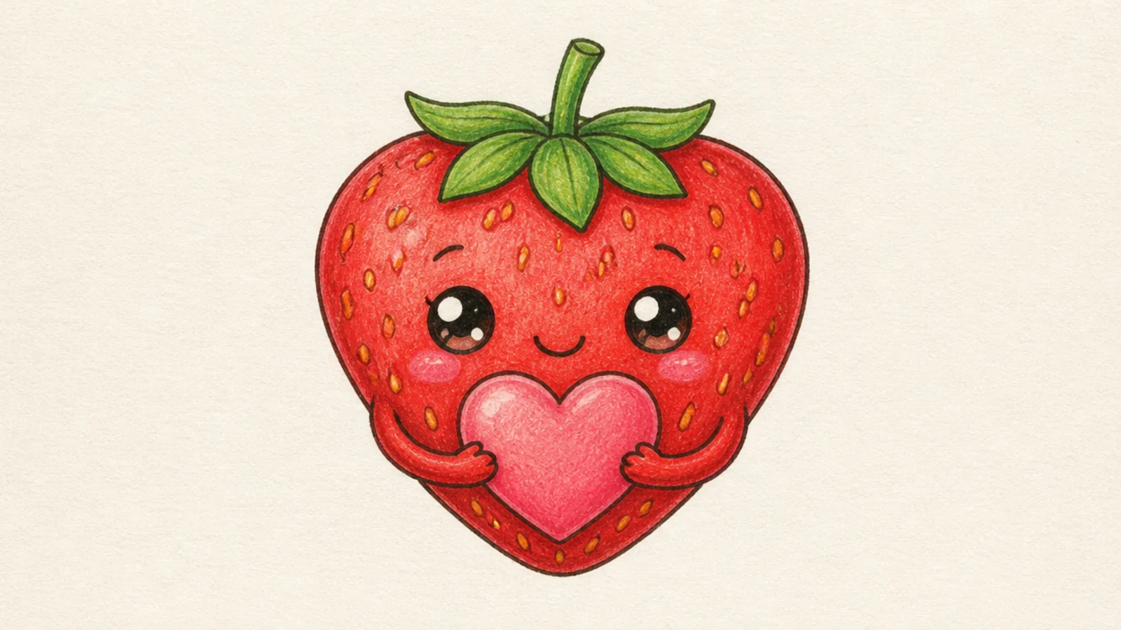 A cute strawberry with little arms holding a heart