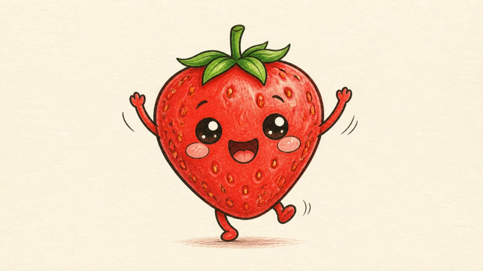 A cute strawberry with arms up as if dancing