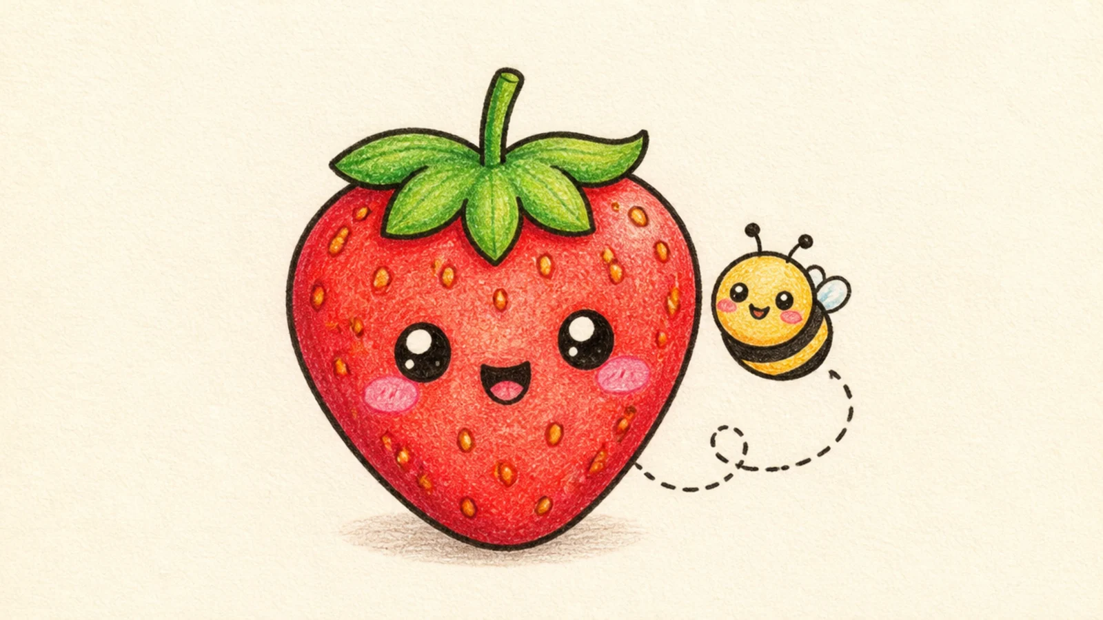 A cute strawberry with a smiling little bee friend beside it