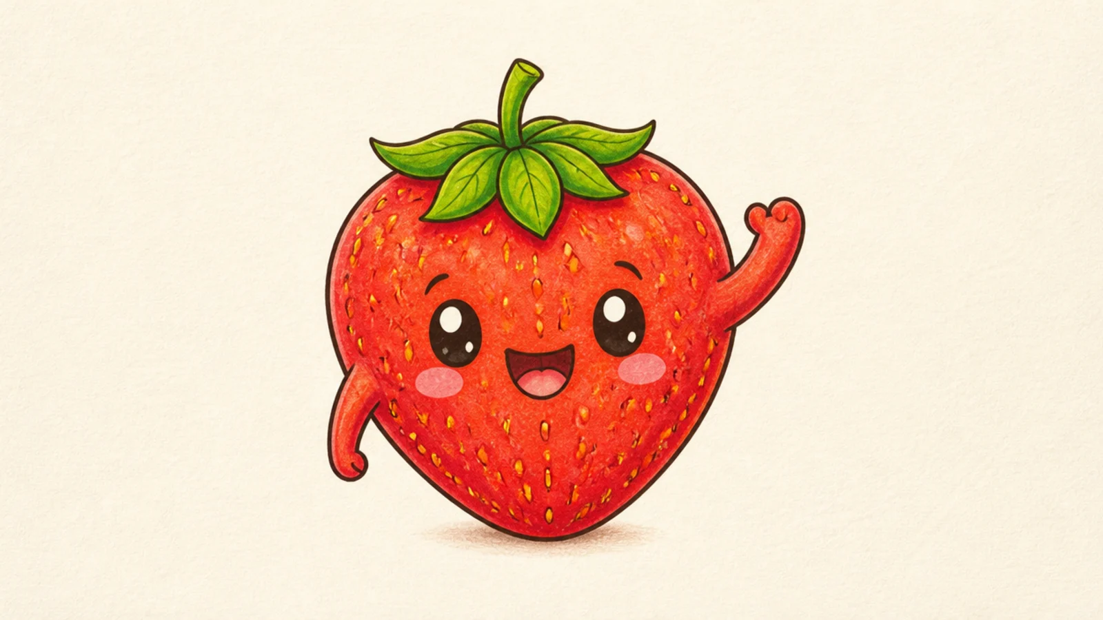 A friendly cute strawberry raising a little arm in a wave