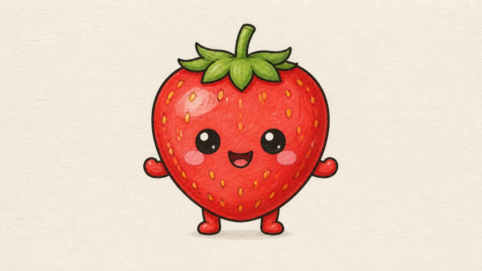 A cute strawberry with two tiny legs and a happy face