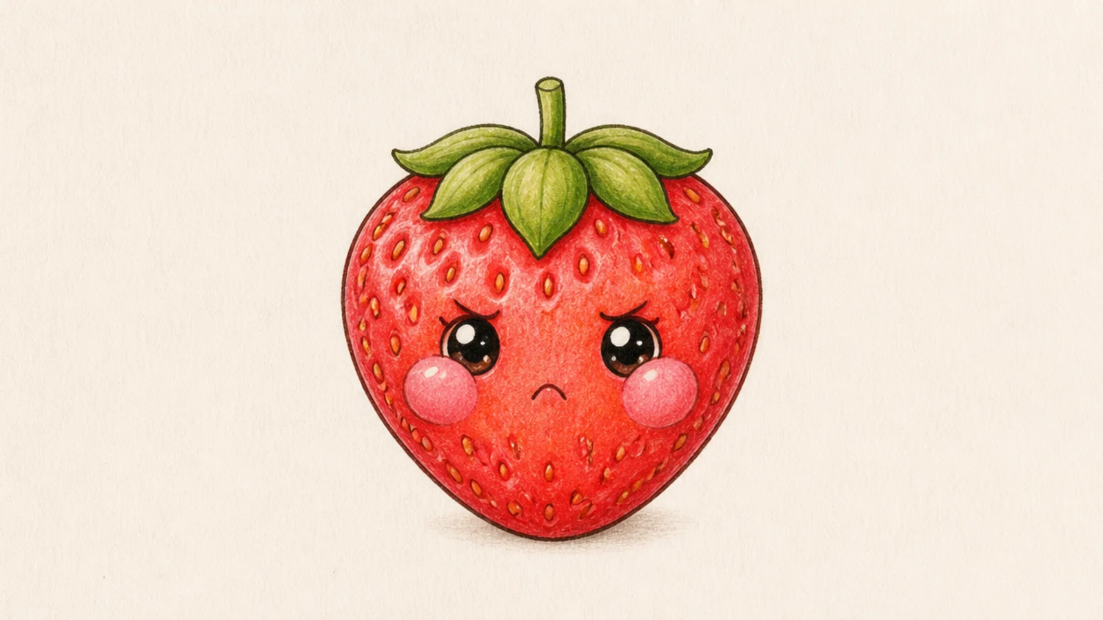A funny cute strawberry with a small frown and puffed cheeks