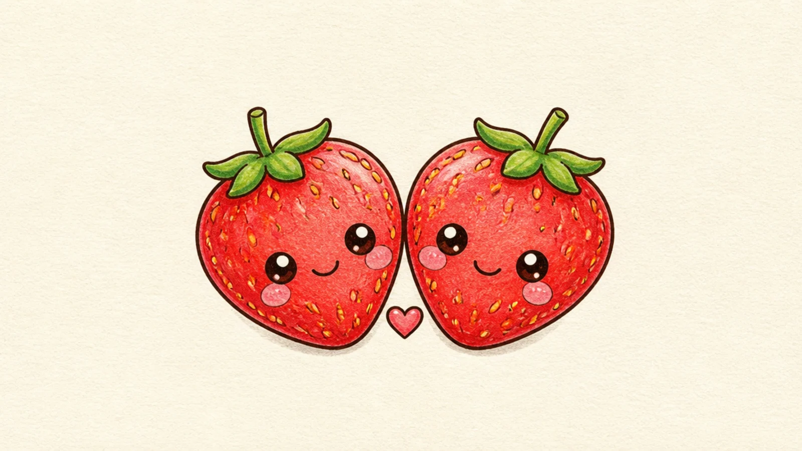 Two cute strawberries leaning together with a heart between them