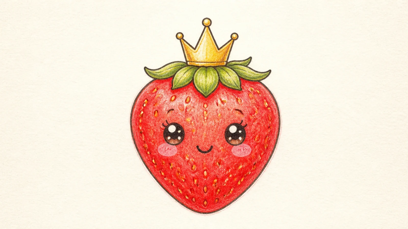 A cute strawberry wearing a small crown on its leaf cap