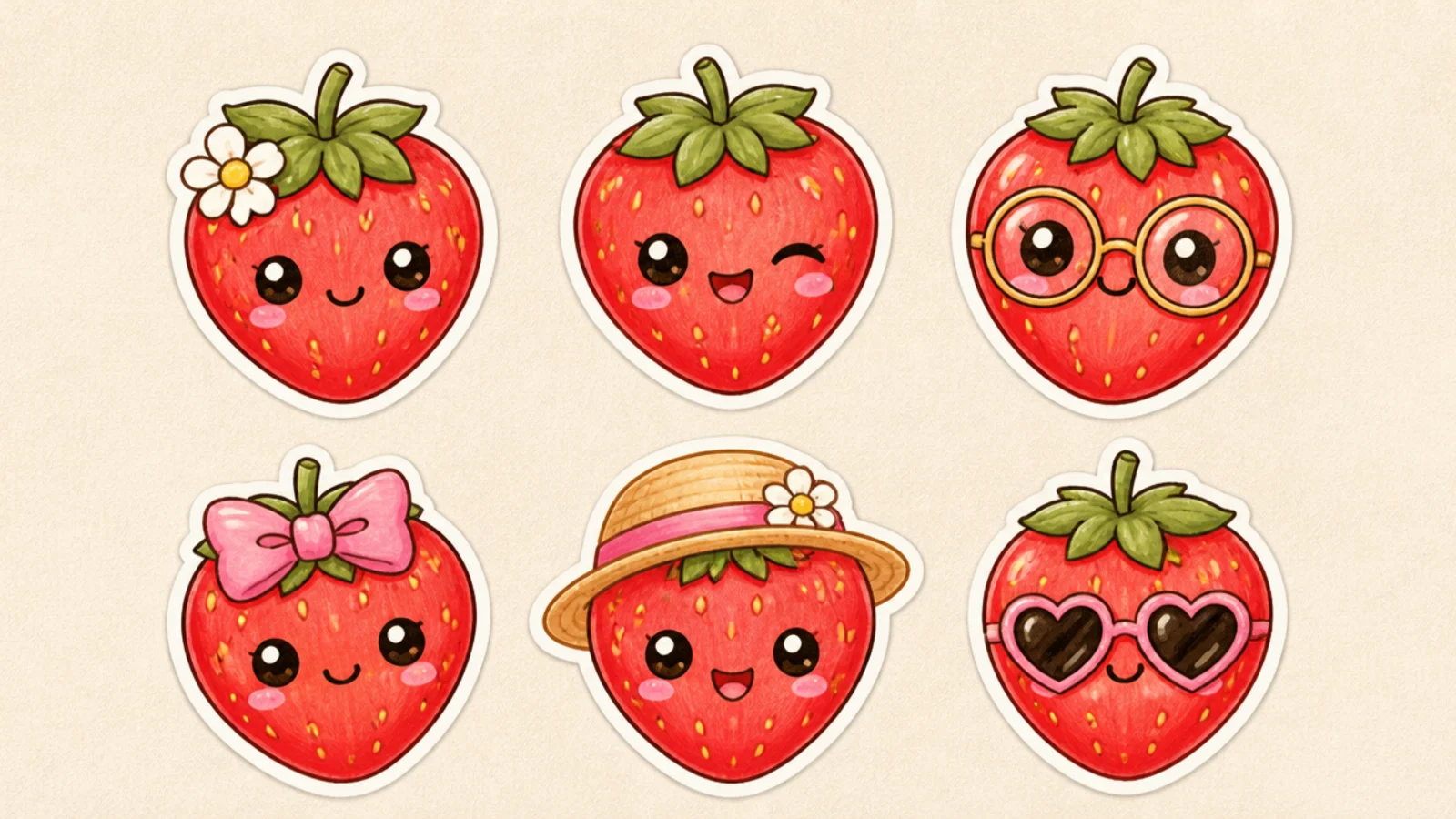 A small set of matching cute strawberries drawn like a sticker sheet