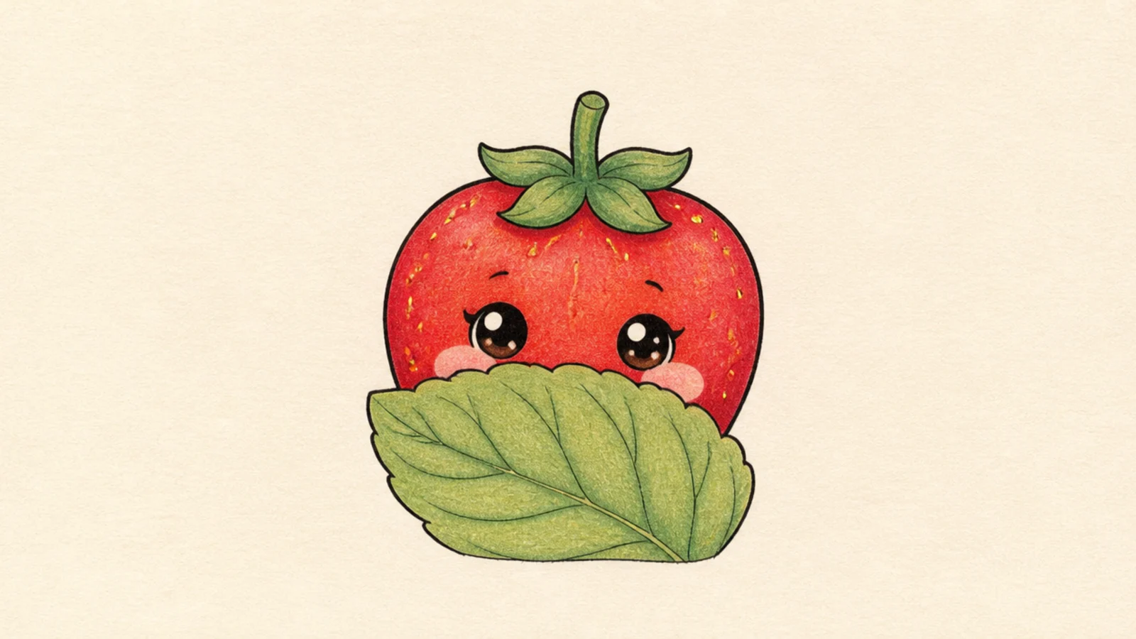 A shy cute strawberry peeking out from behind a leaf