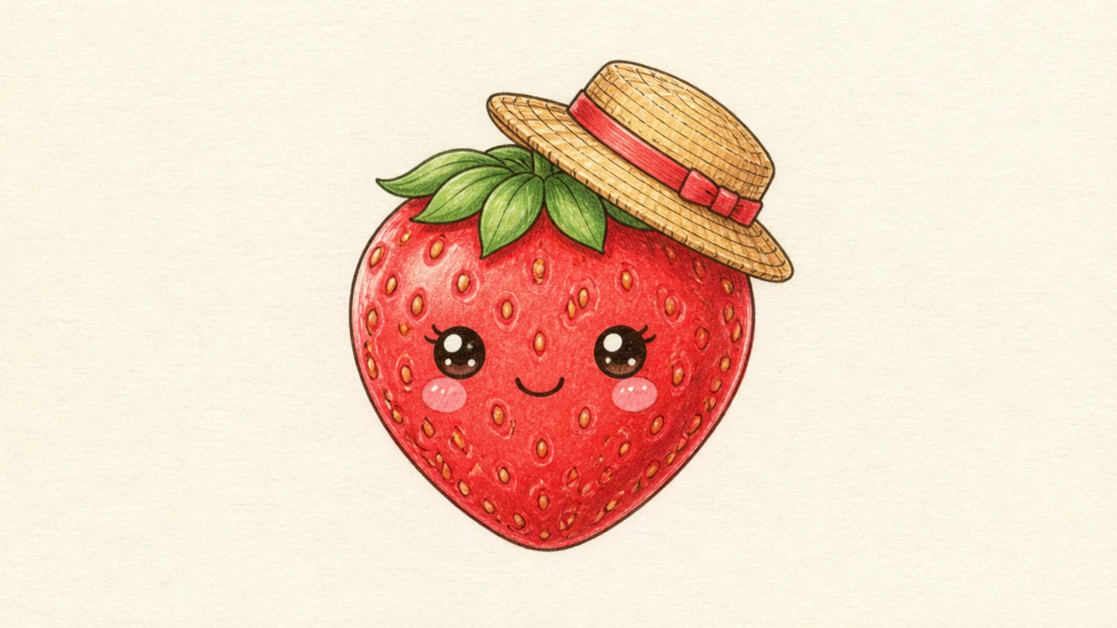 A cute strawberry wearing a little straw sun hat