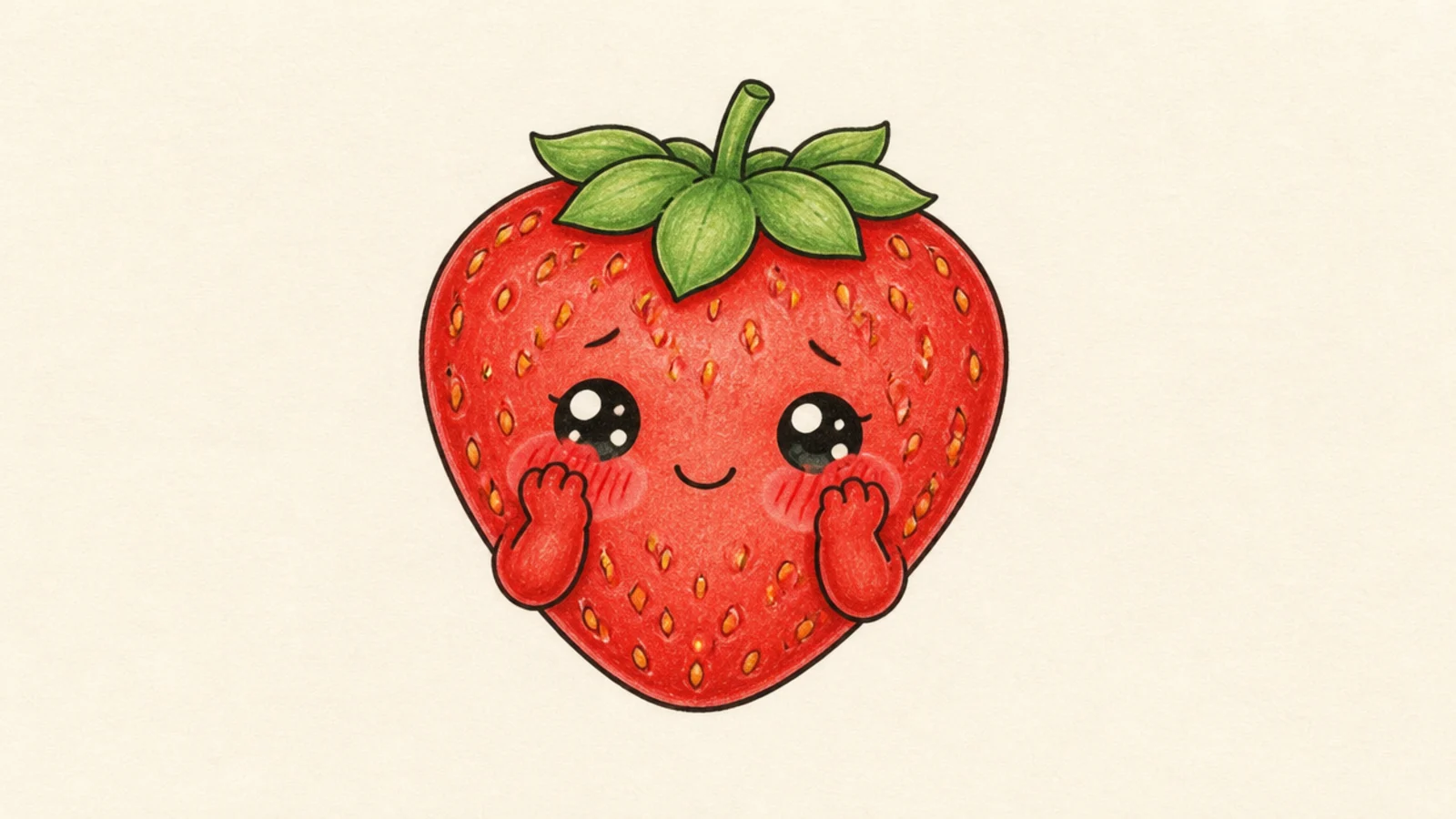A cute strawberry with two little arms squishing its own cheeks