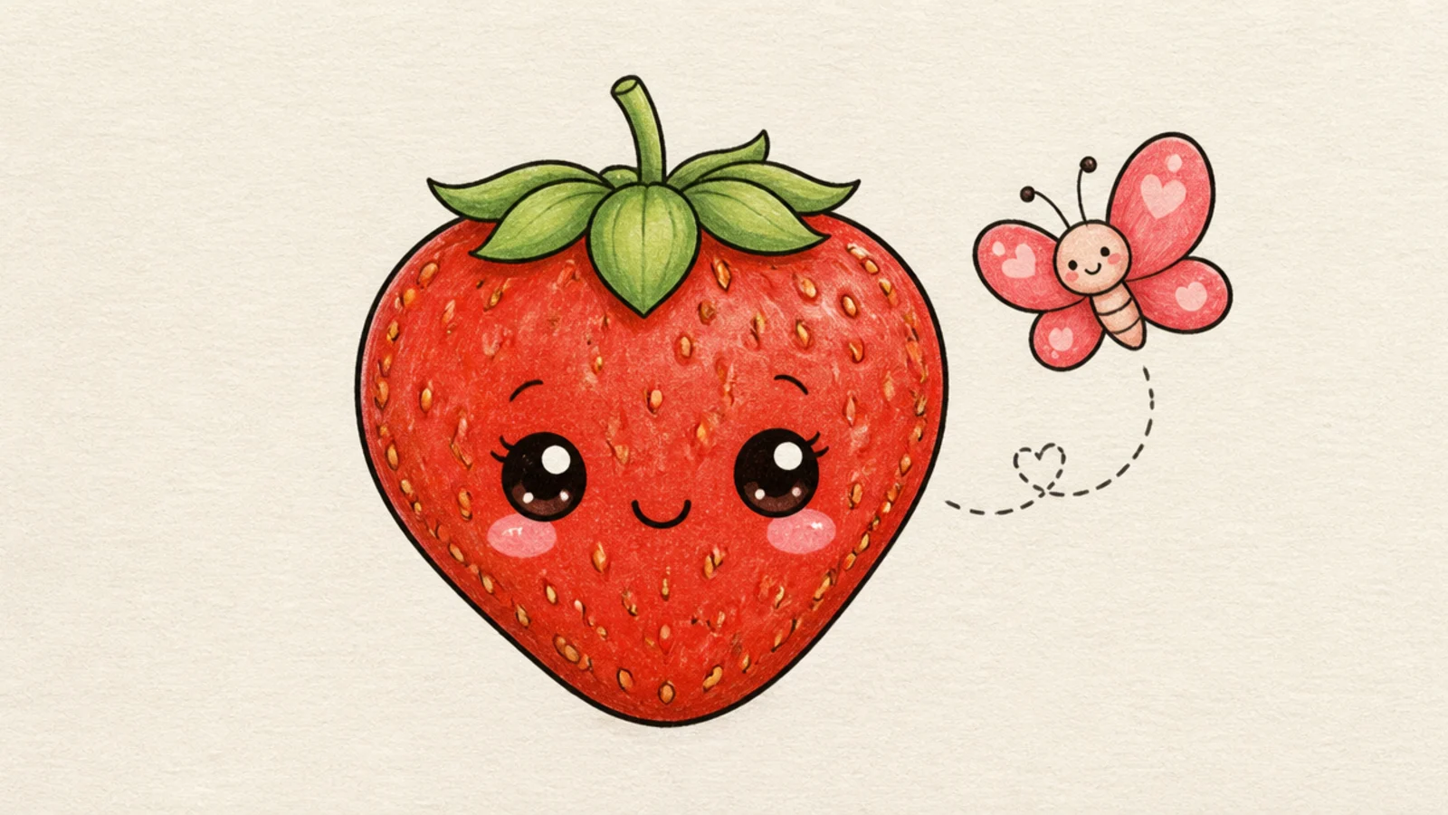 A cute strawberry with a smiling little butterfly friend