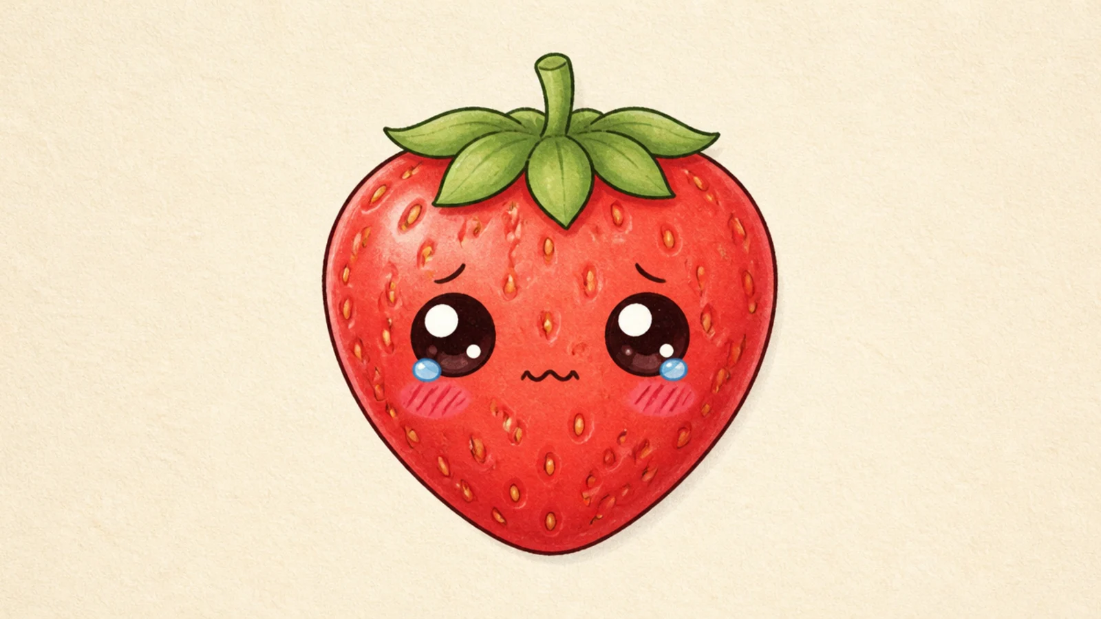 A cute strawberry with big watery eyes and a wobbly mouth
