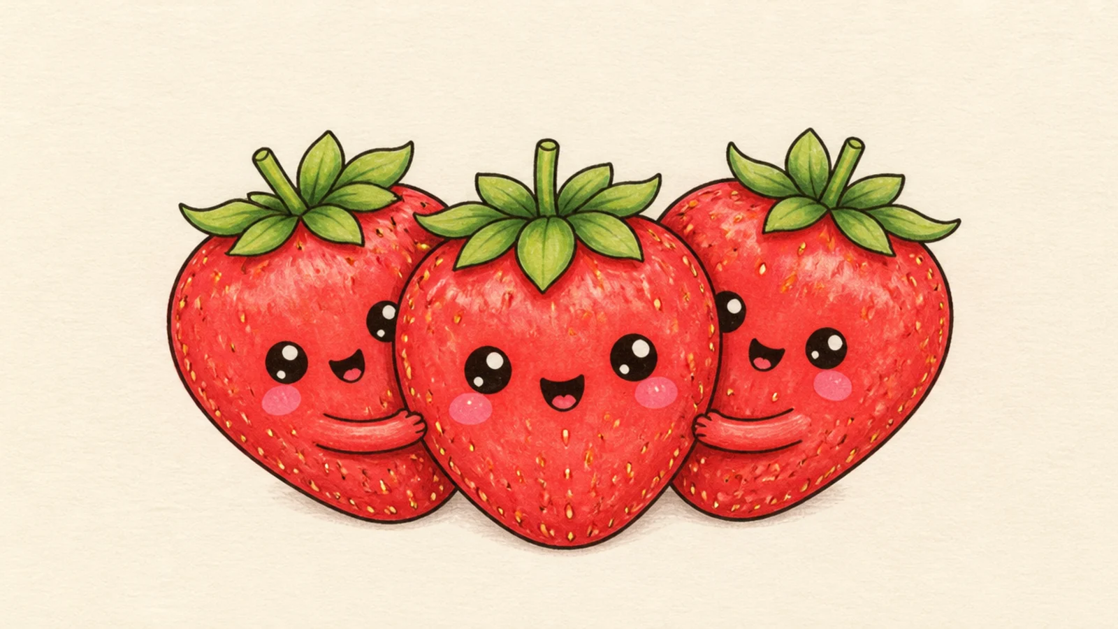Three cute strawberries hugging together in a happy group