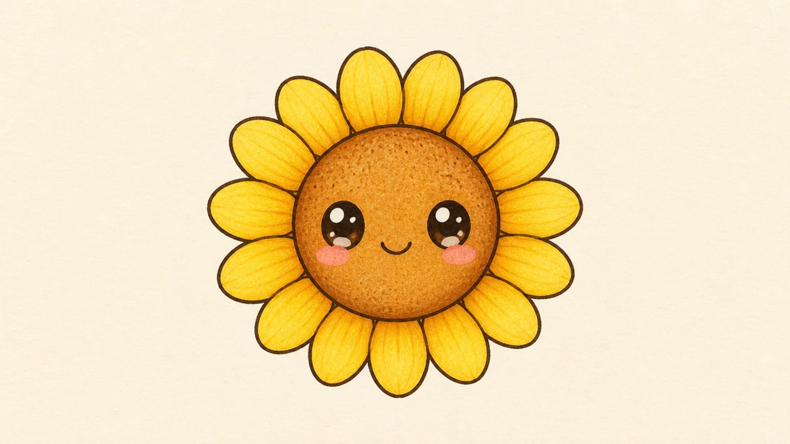 A cute sunflower with big eyes, a small smile, and pink blush cheeks