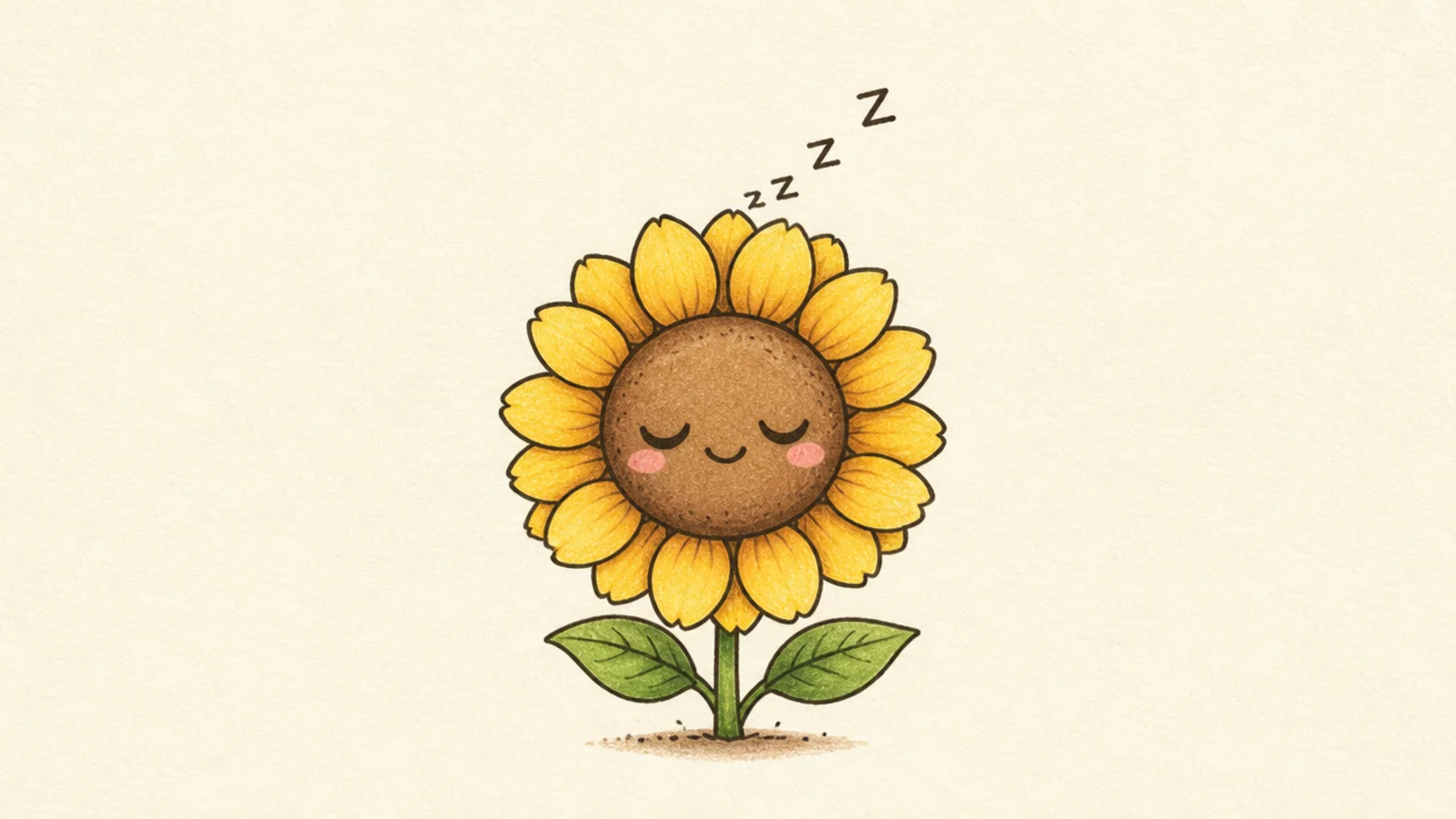 A cute sunflower with closed sleeping eyes and little sleep symbols