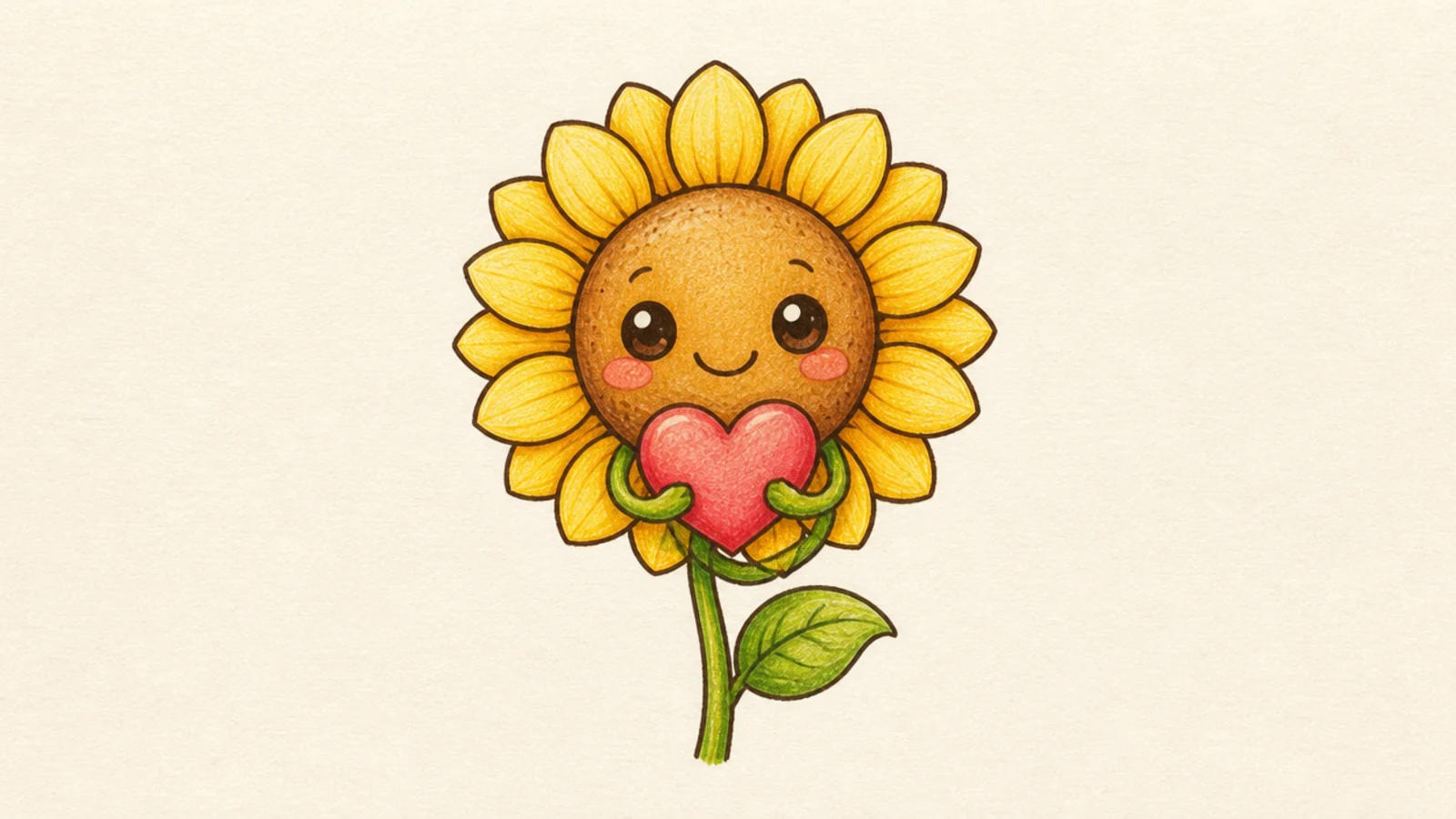 A cute sunflower with a little leaf-arm holding a heart