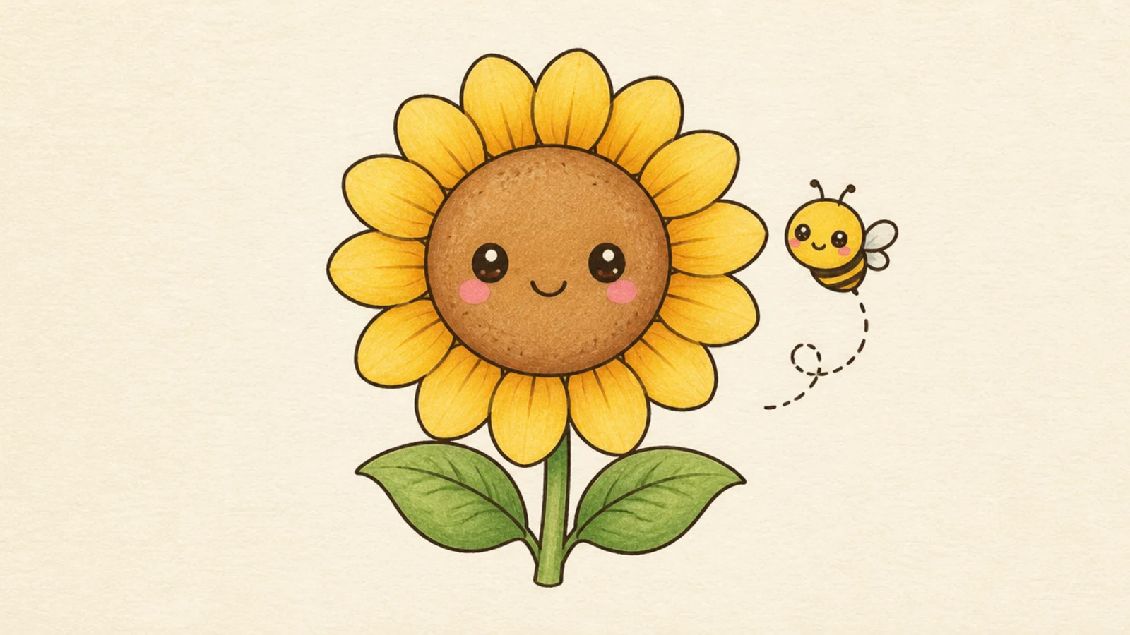 A cute sunflower with a smiling little bee friend beside it