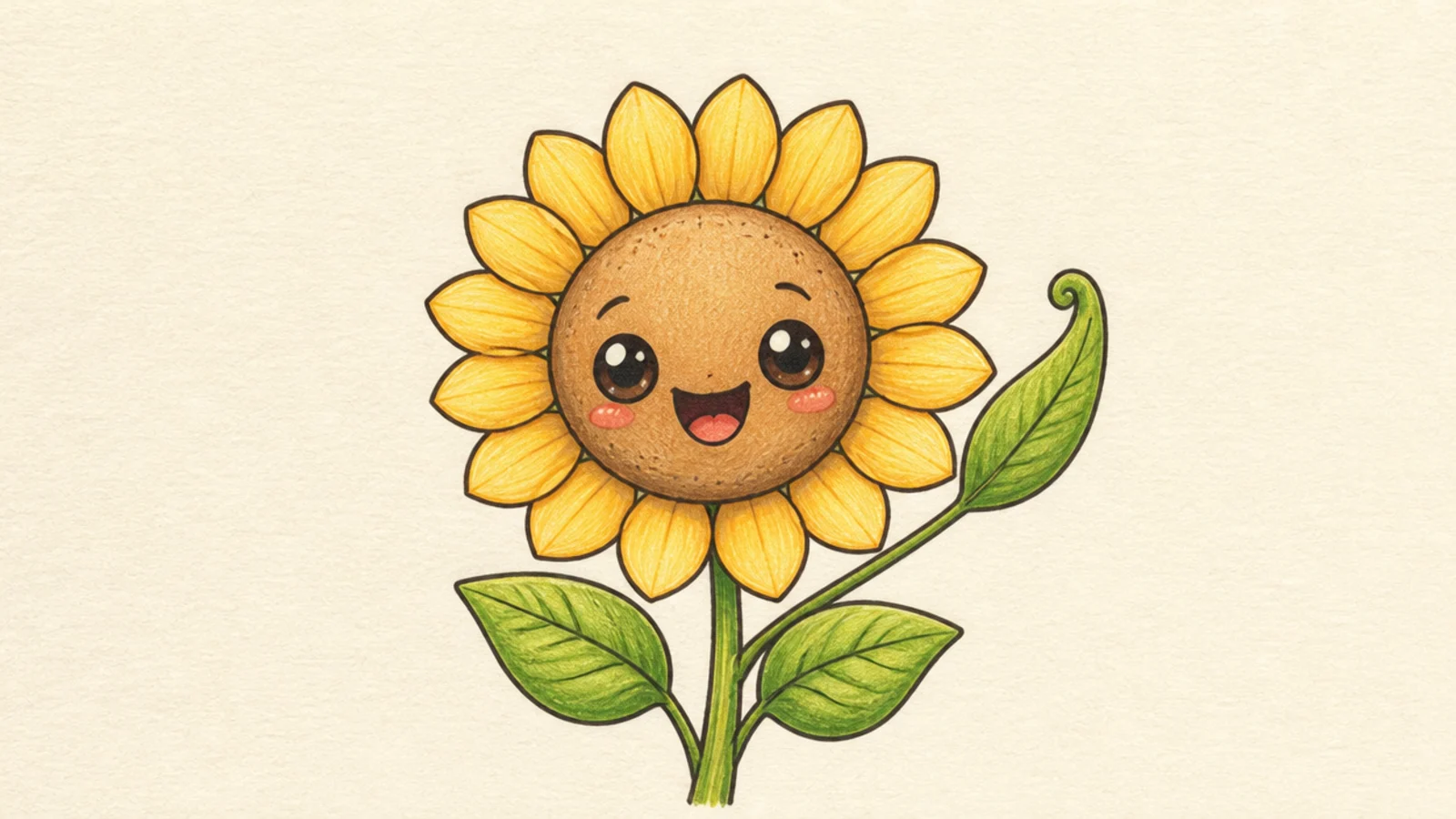 A friendly cute sunflower raising a leaf-arm in a little wave