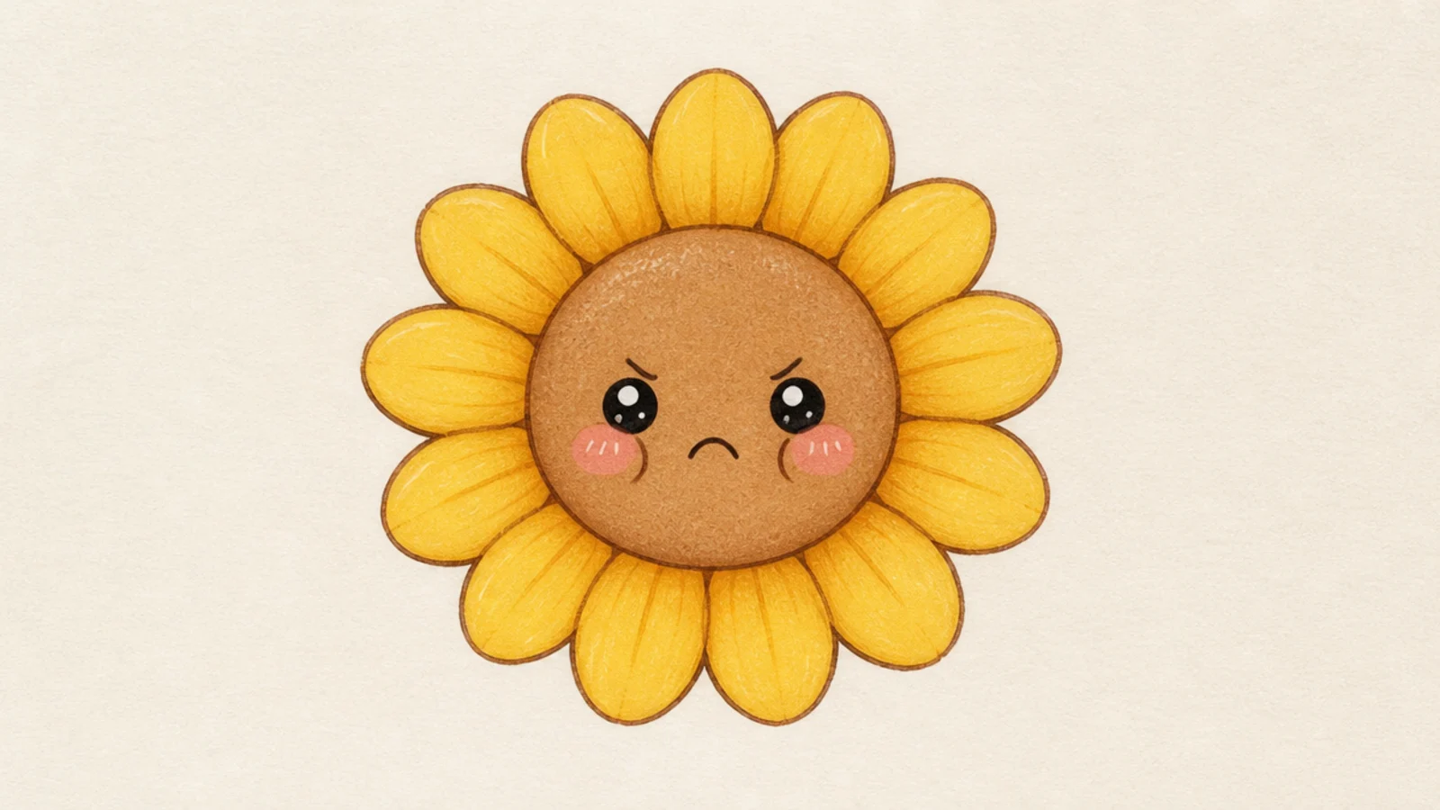 A funny cute sunflower with a small frown and puffed cheeks
