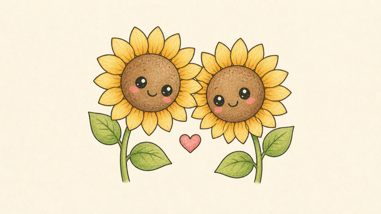 Two cute sunflowers leaning together with a heart between them