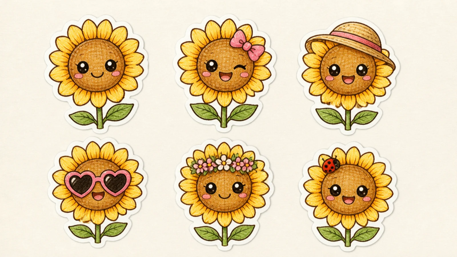 A small set of matching cute sunflowers drawn like a sticker sheet