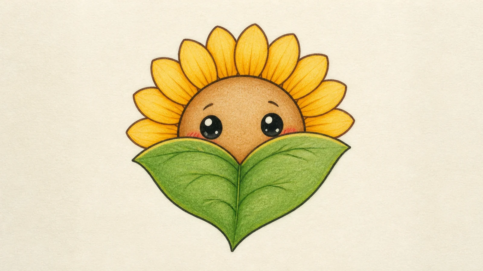 A shy cute sunflower peeking out from behind a leaf