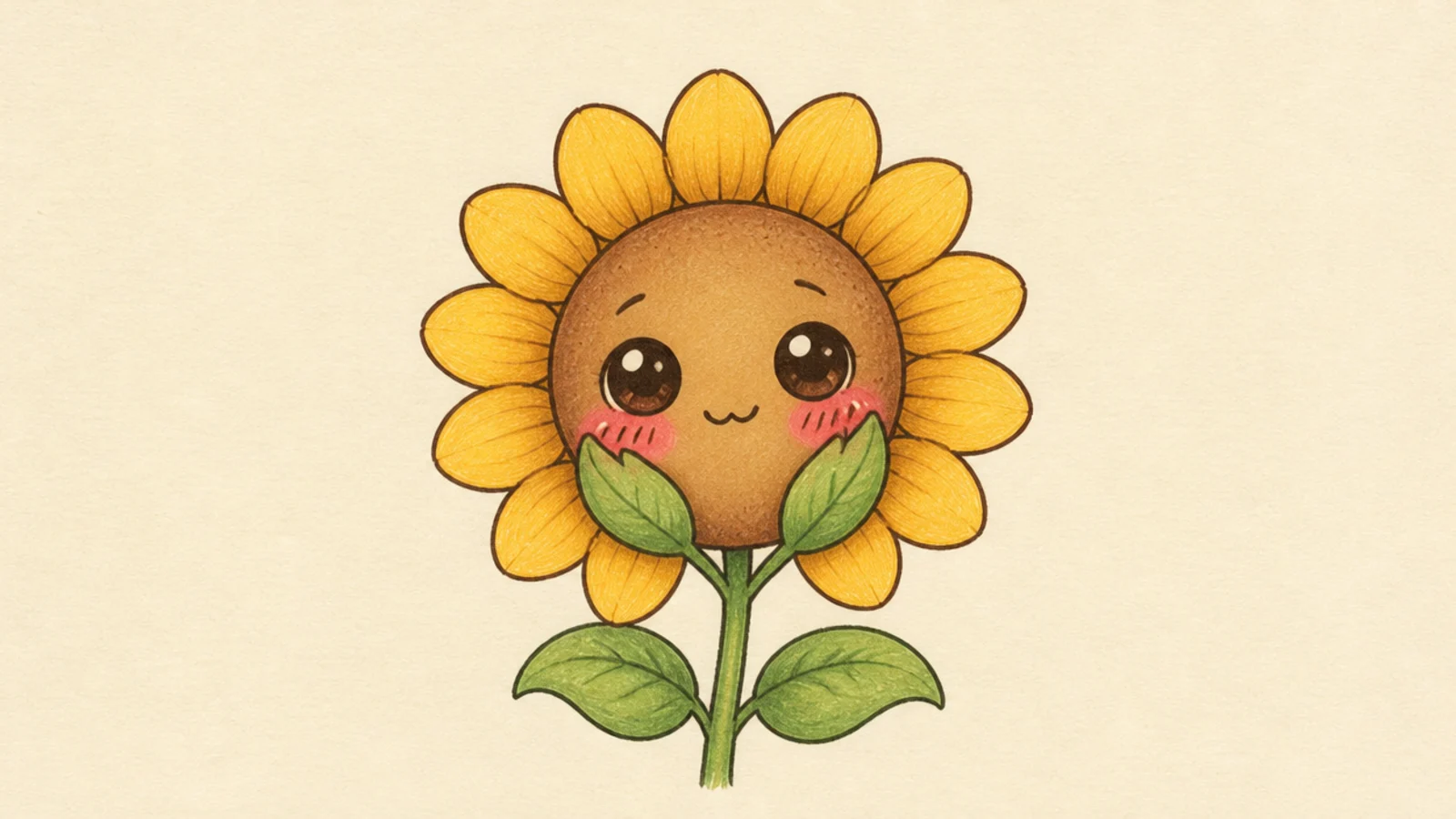 A cute sunflower with two leaf-arms squishing its own cheeks