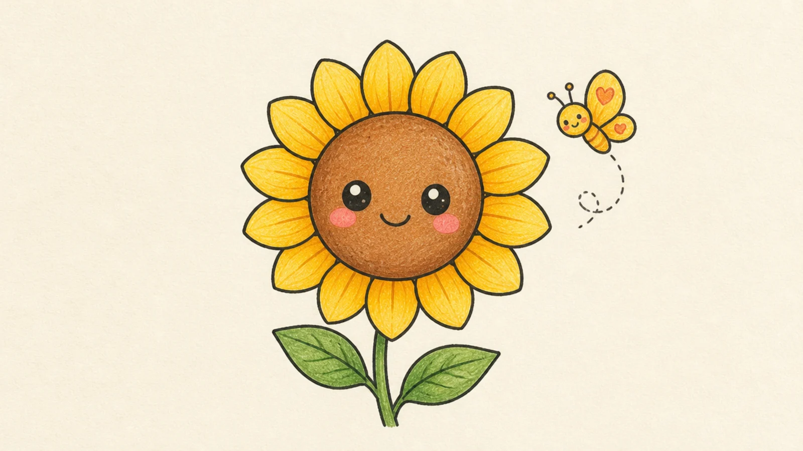 A cute sunflower with a smiling little butterfly friend
