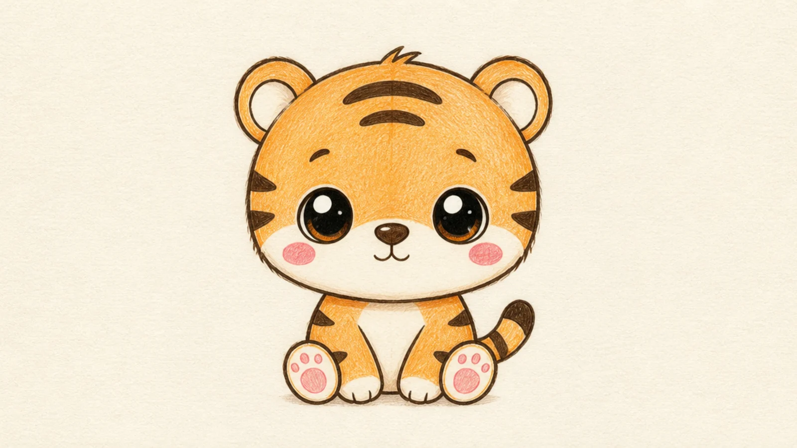 A cute tiger face with big low eyes, a tiny smile, and pink blush cheeks