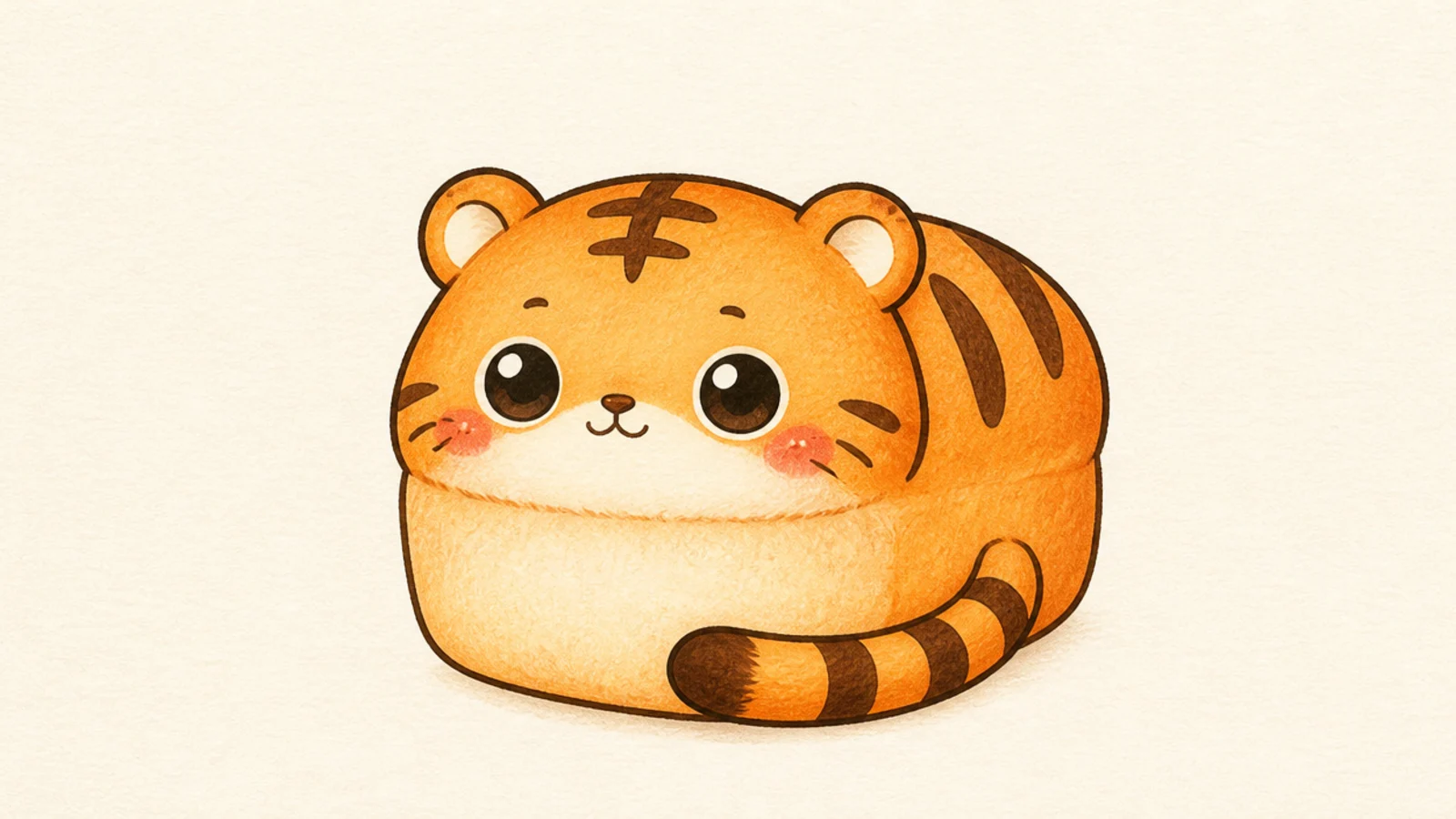A cute tiger tucked into a rounded loaf shape with paws hidden