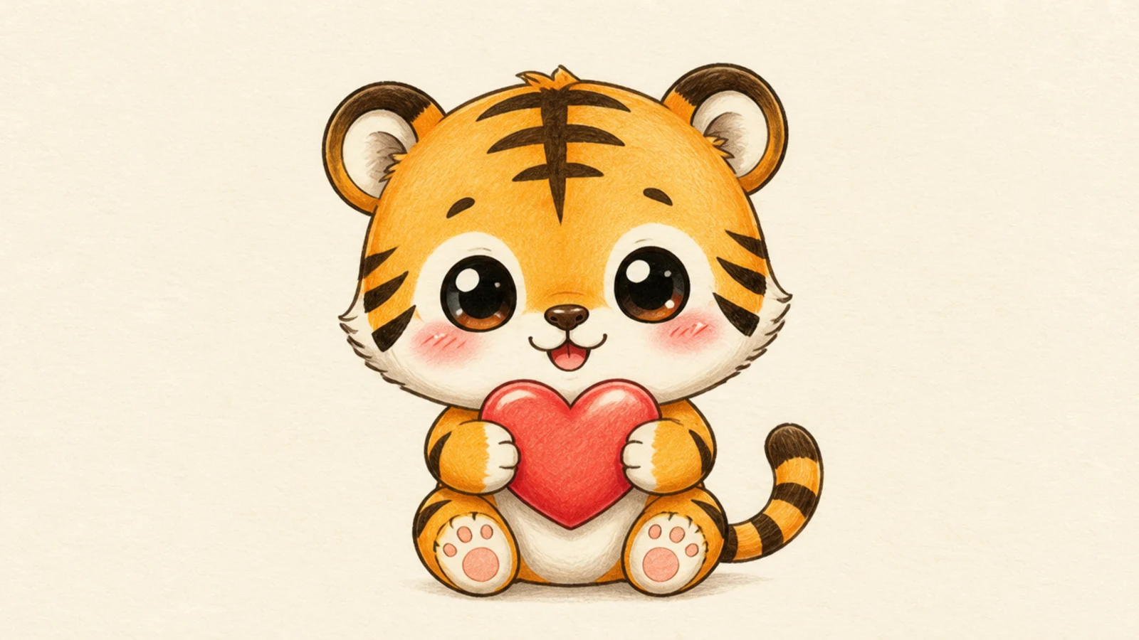A chibi tiger holding a little heart in its paws