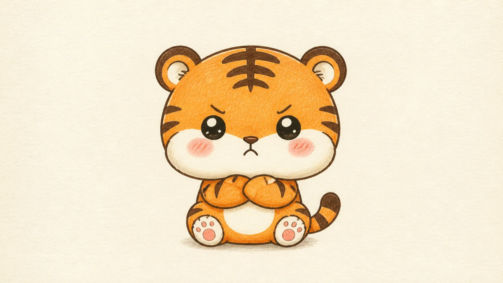 A funny cute tiger with a small frown and puffed cheeks