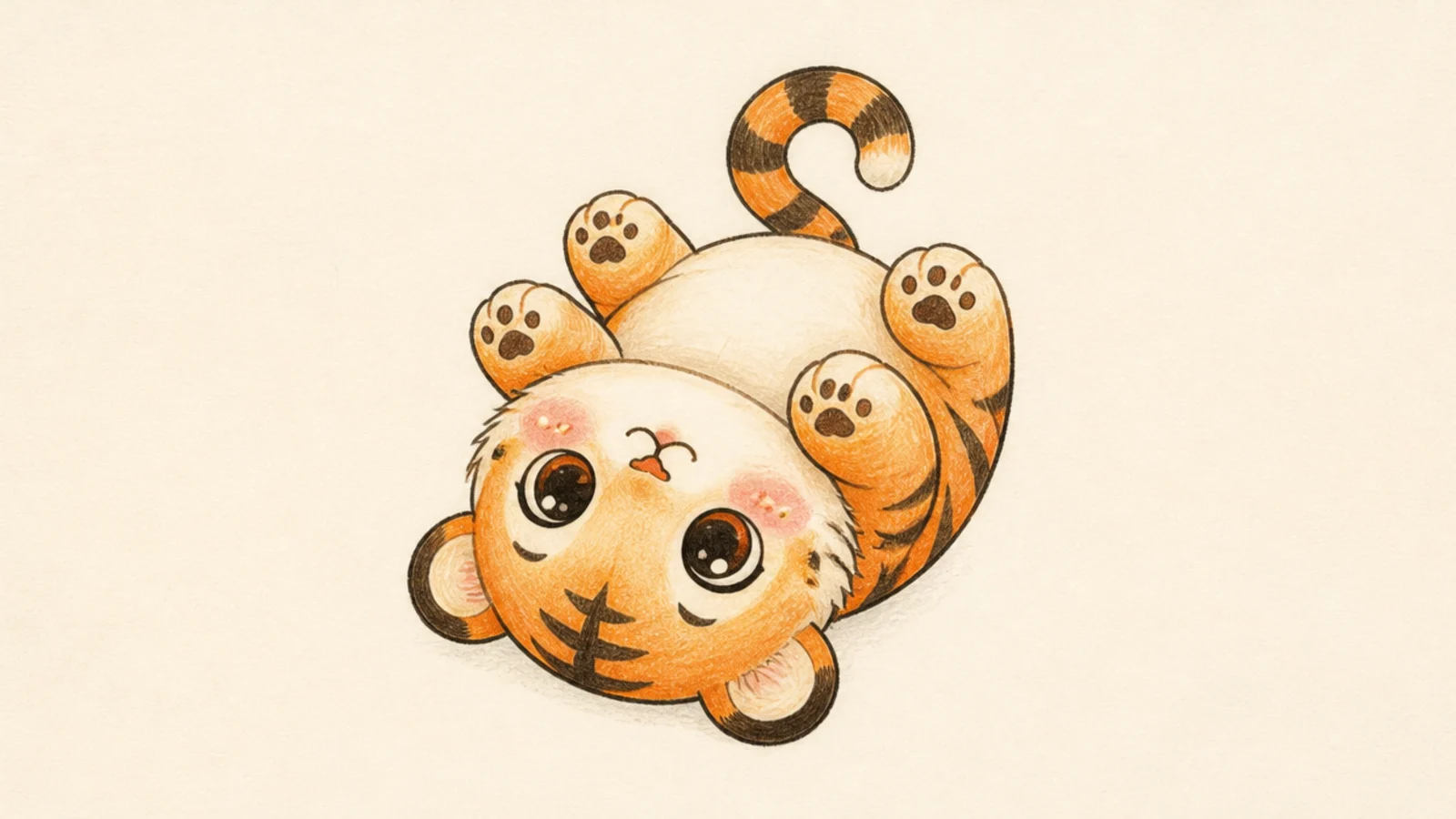 A cute tiger rolling on its back with paws in the air