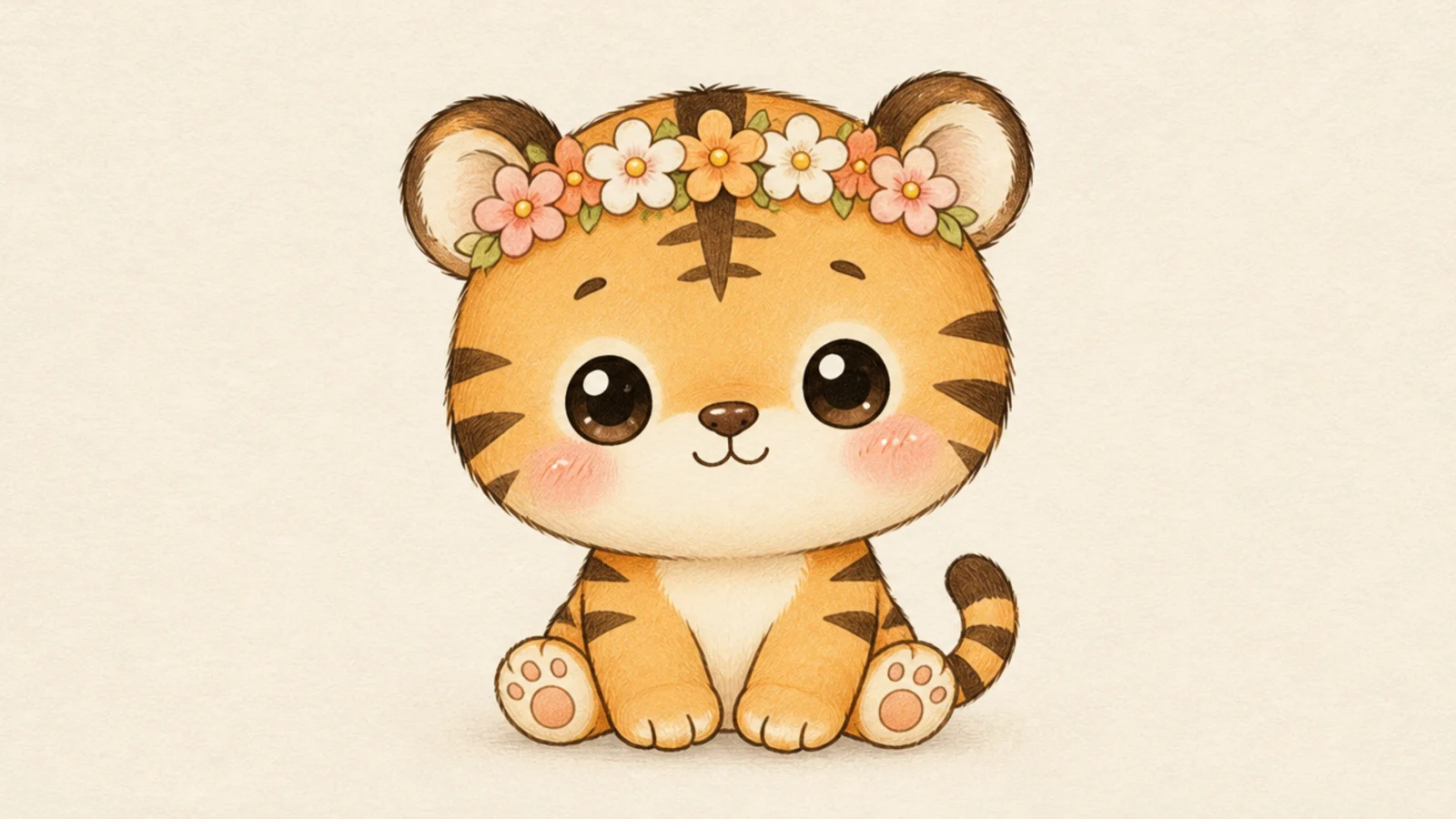 A cute tiger wearing a little crown of flowers