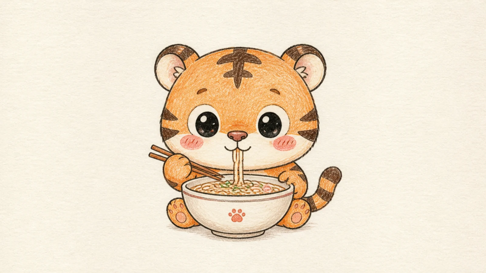 A cute tiger slurping noodles from a little bowl