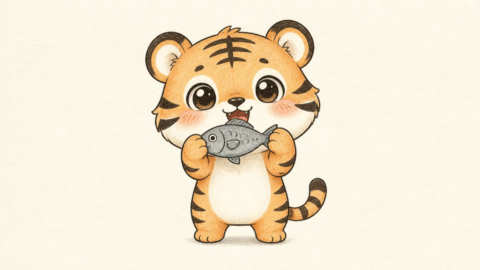 A cute tiger happily holding a small fish