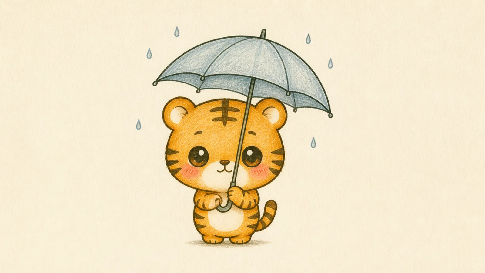 A cute tiger holding a small umbrella in the rain