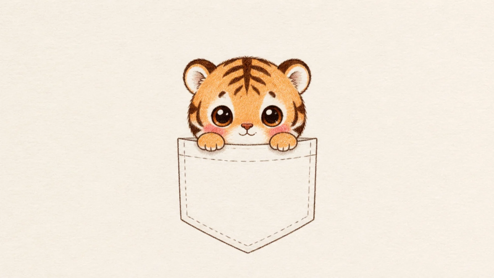 A tiny cute tiger peeking out of a shirt pocket