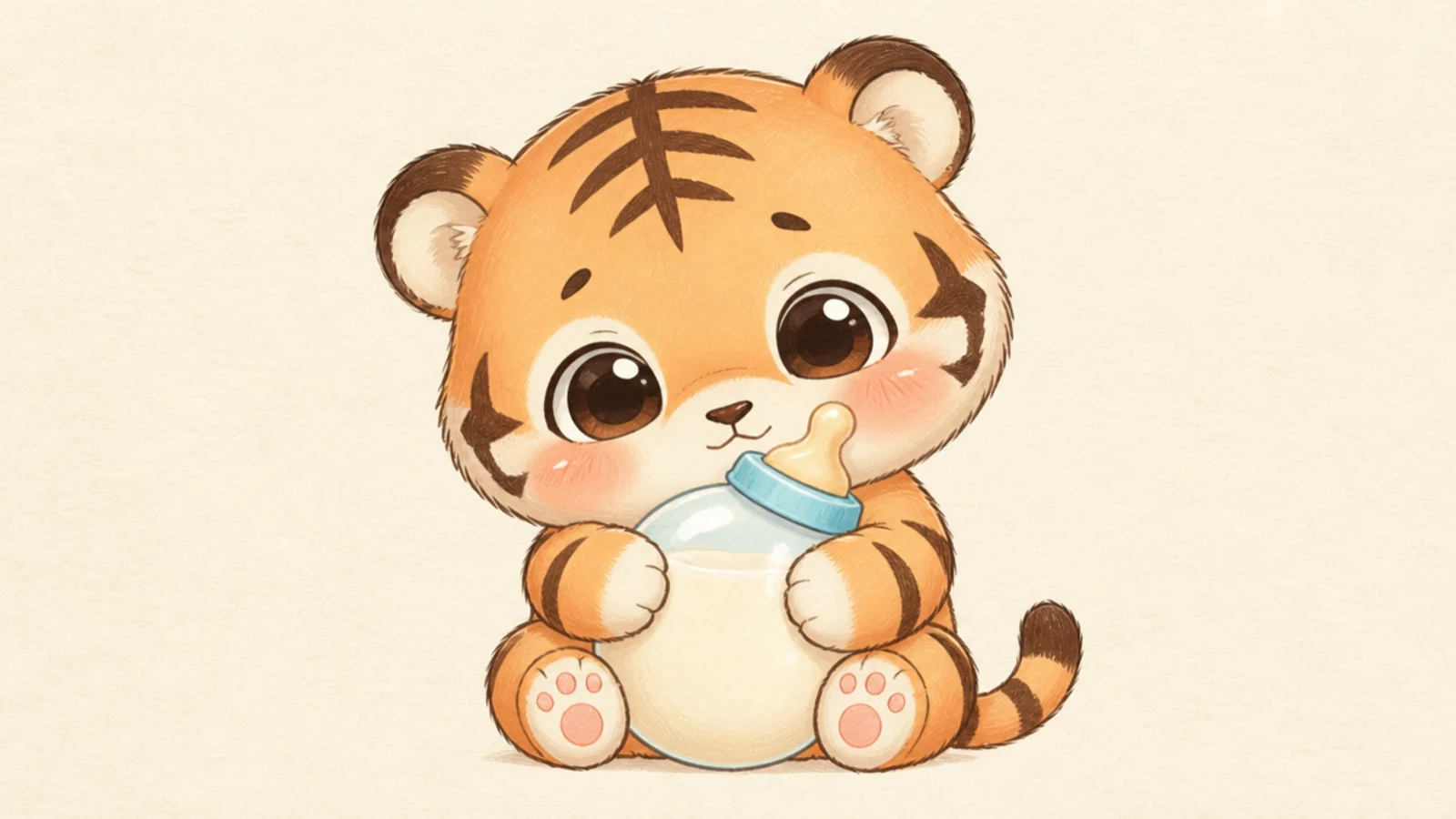 A cute tiger cub holding a baby milk bottle