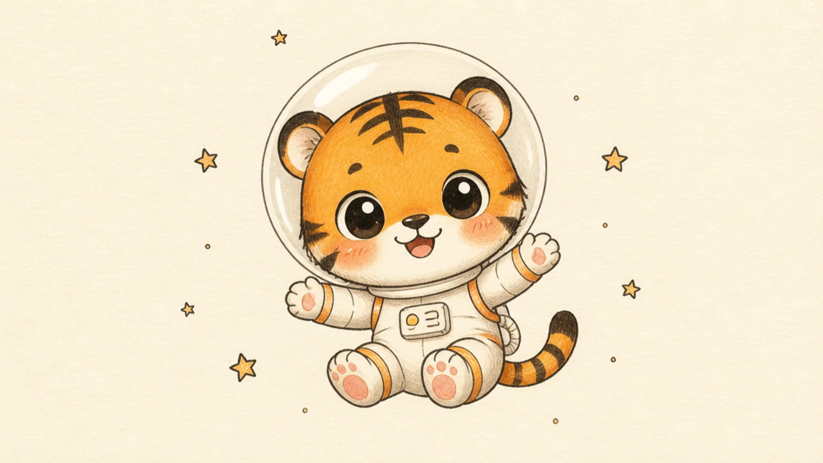 A cute tiger in a little space helmet floating among stars
