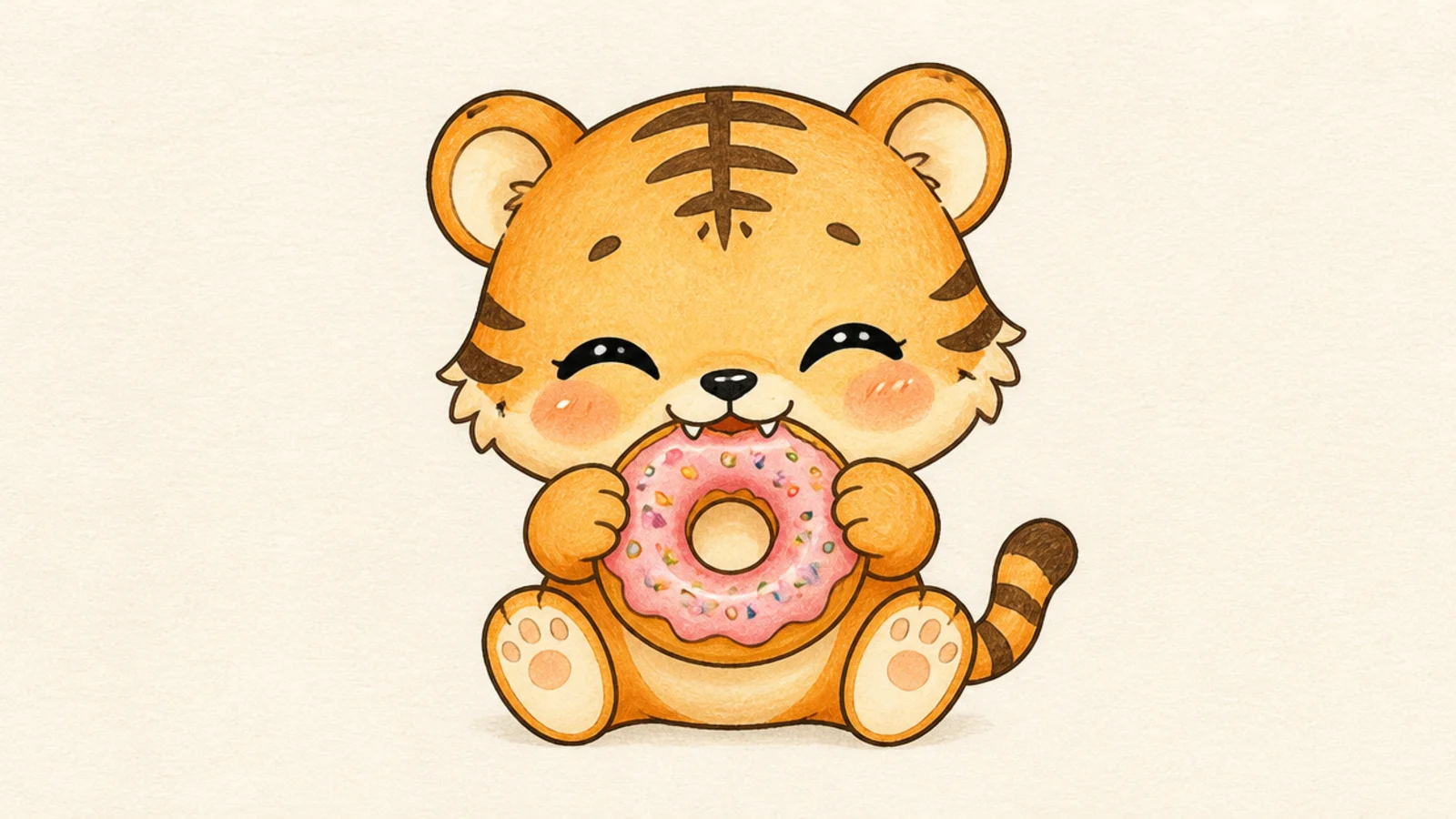 A cute tiger biting into a frosted donut