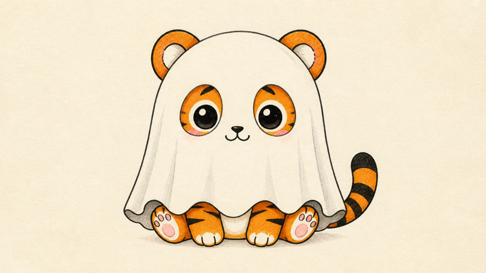 A cute tiger draped in a little ghost sheet with ears poking out