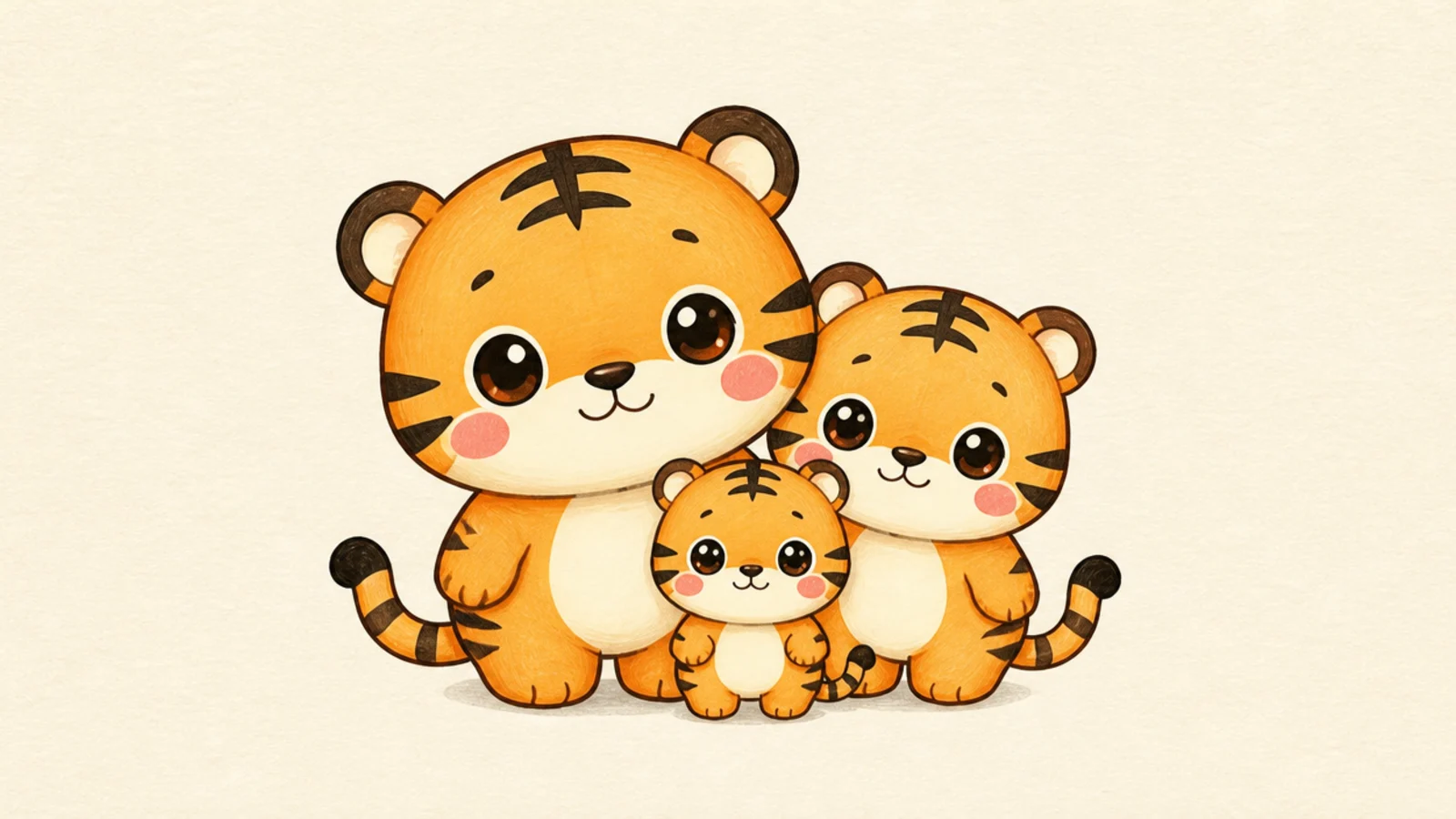 Three cute tigers of different sizes standing together as a family
