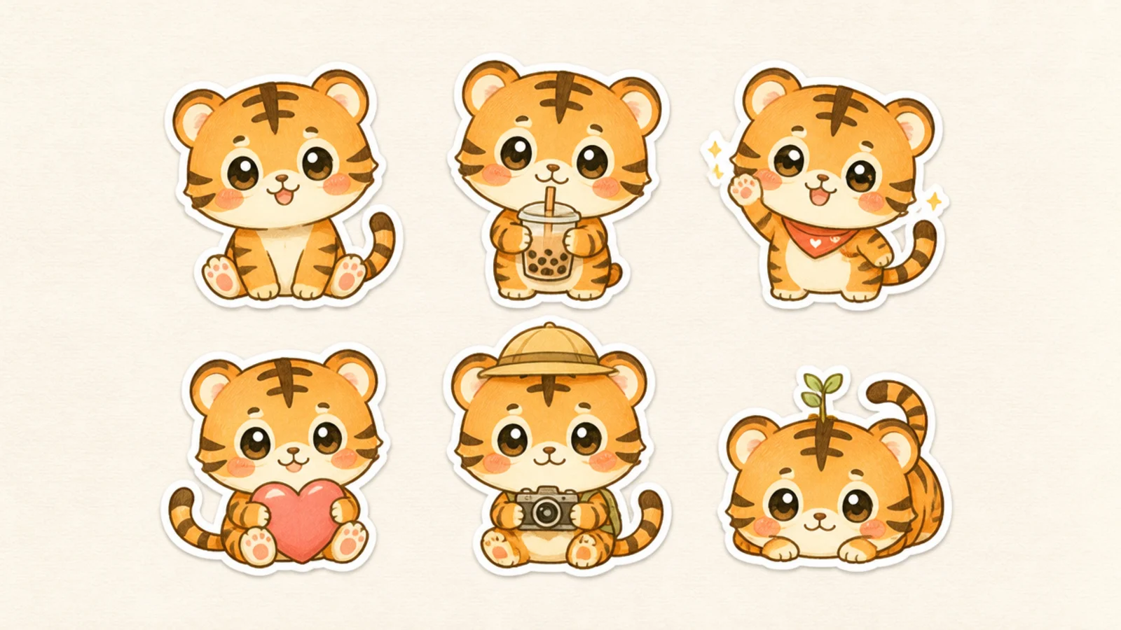 A small set of matching cute tigers drawn like a sticker sheet
