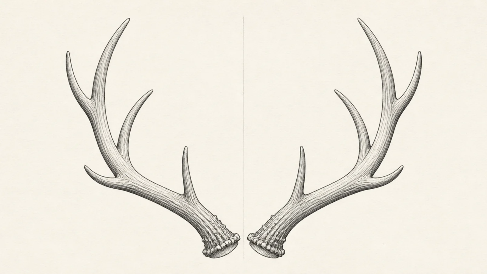 A symmetrical front view of a pair of antlers spread evenly