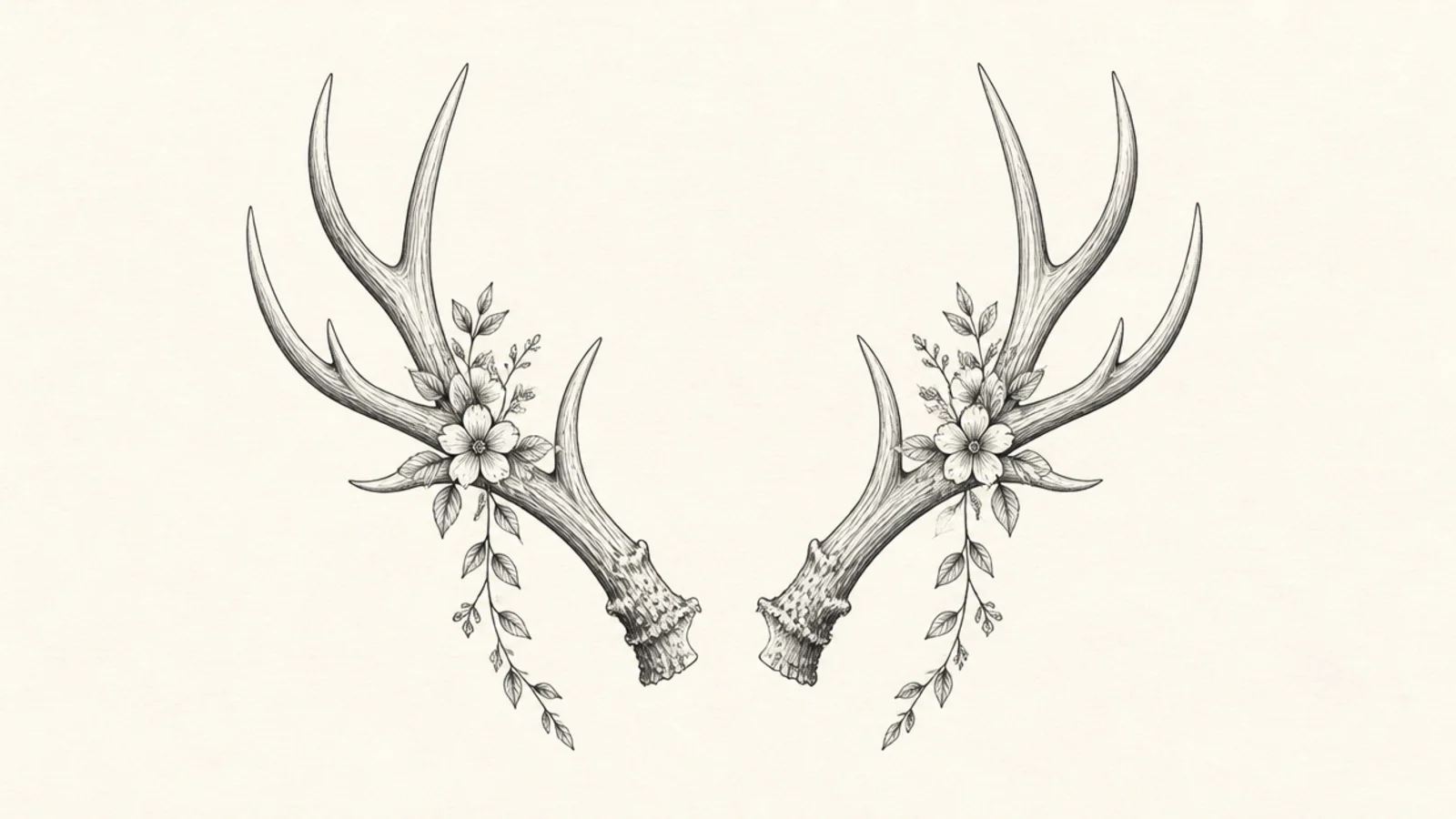 A pair of antlers with small flowers and leaves growing along them