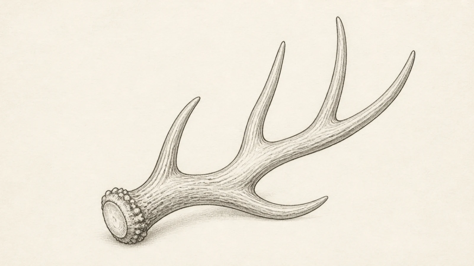 A single shed antler lying on its side with a rounded base