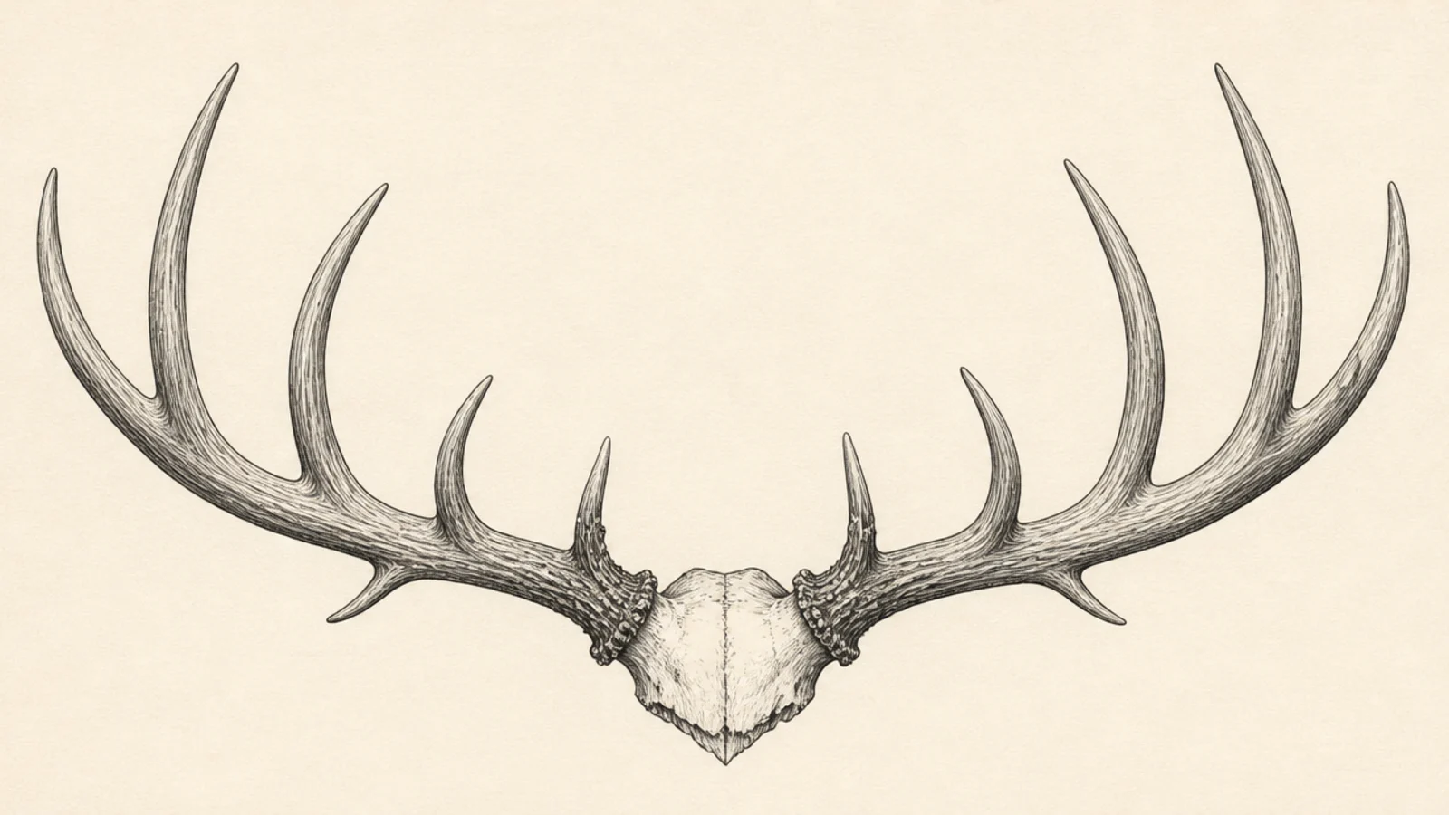 A large impressive trophy rack with many points per side